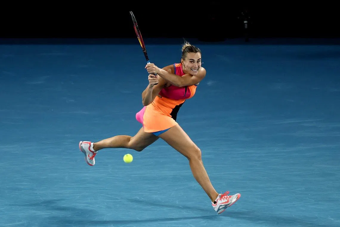 Tennis - Australian Open - Melbourne Park, Melbourne, Australia - January 29, 2026 Belarus' Aryna Sabalenka in action during her semi final match against Ukraine's Elina Svitolina REUTERS/Tingshu Wang