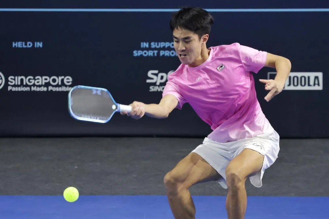 Hong Kong’s Wong Hong Kit hitting a return in his 6-11, 11-7, 11-3 win over American Adam Harvey in the Leapmotor Singapore Open men’s singles final on July 26.