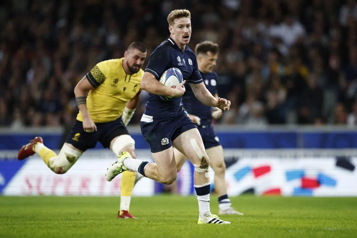 FILE PHOTO: Rugby Union - Rugby World Cup 2023 - Pool B - Scotland v Romania - Stade Pierre-Mauroy, Lille, France - September 30, 2023 Scotland's Ben Healy in action REUTERS/Benoit Tessier