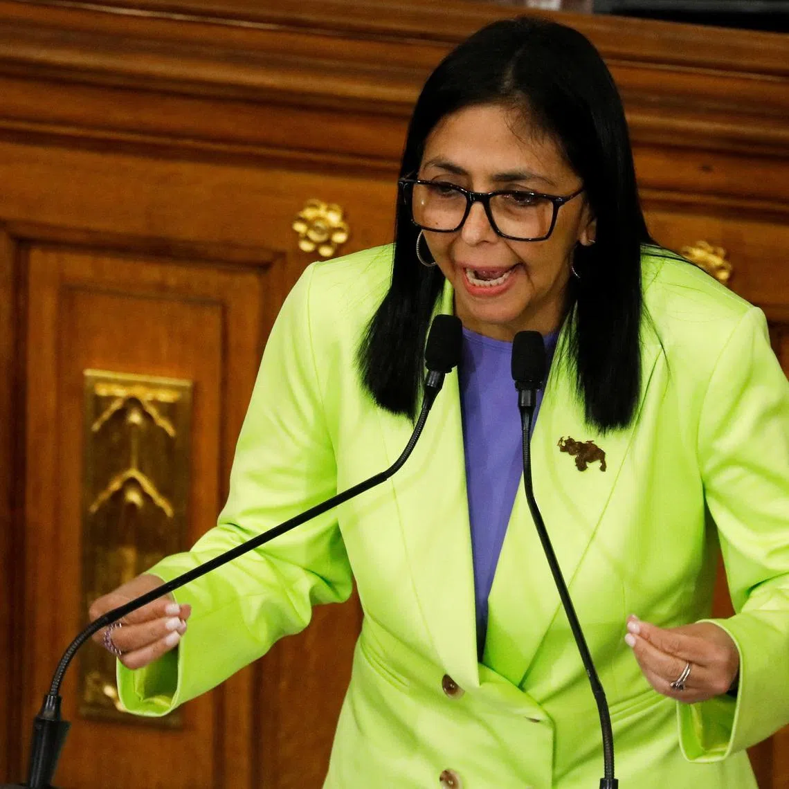 Venezuela's interim president Delcy Rodriguez delivers her first annual address to the nation at the National Assembly, following the U.S. strike in Caracas that resulted in the capture of President Nicolas Maduro and his wife, Cilia Flores, in Caracas, Venezuela, January 15, 2026. REUTERS/Leonardo Fernandez Viloria