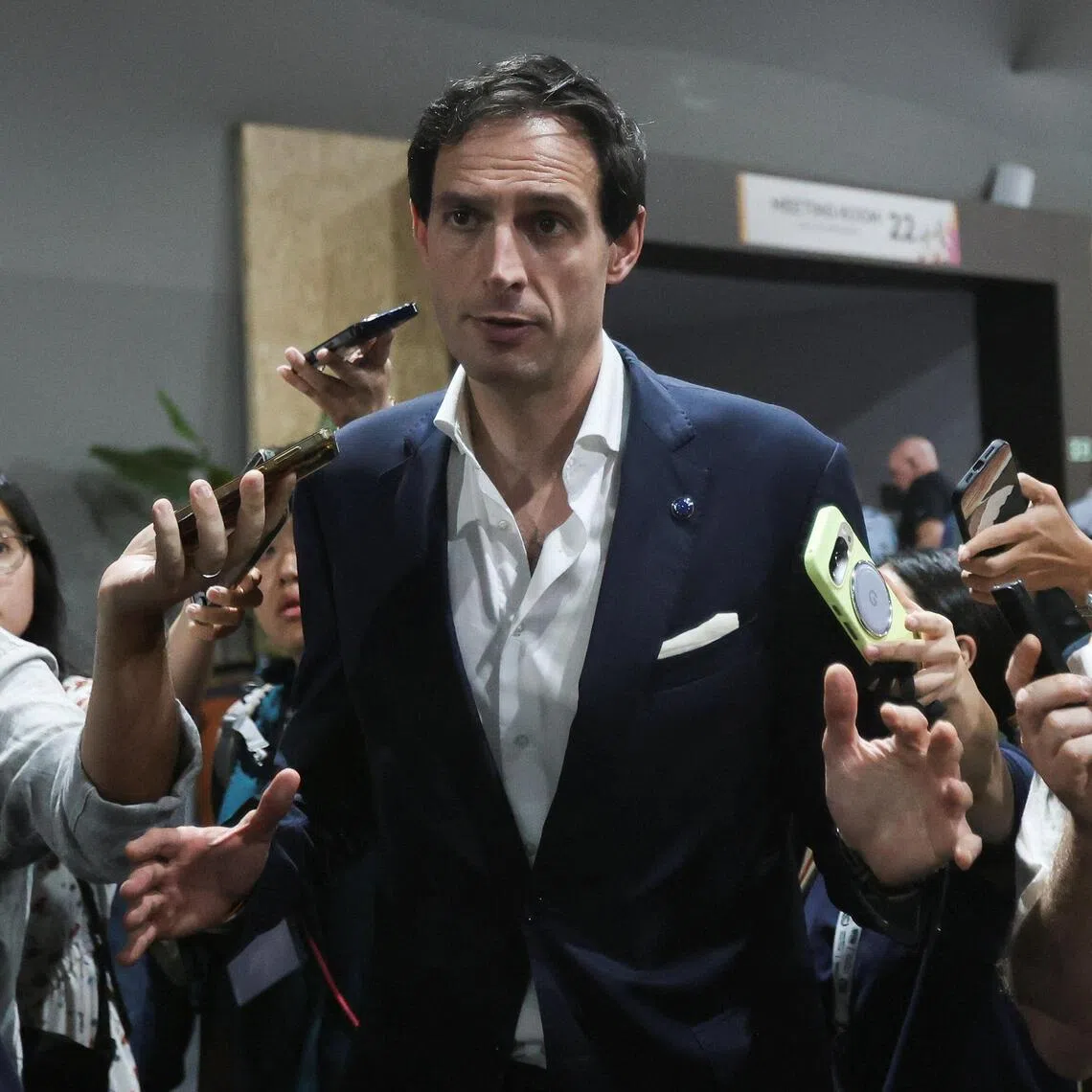 European Commissioner for Climate, Net Zero and Clean Growth Wopke Hoekstra speaking to the media at the COP30 climate summit in Belem, Brazil, on Nov 21.