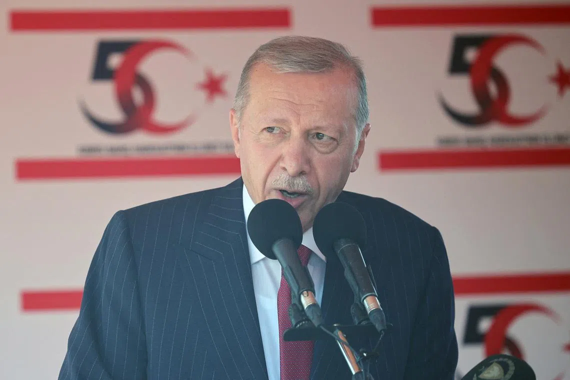 FILE PHOTO: Turkish President Tayyip Erdogan attends a military parade to mark the 1974 Turkish invasion of Cyprus in response to a short-lived Greek-inspired coup, in the Turkish-controlled northern Cyprus, in the divided city of Nicosia, Cyprus July 20, 2024. REUTERS/Yiannis Kourtoglou/File Photo