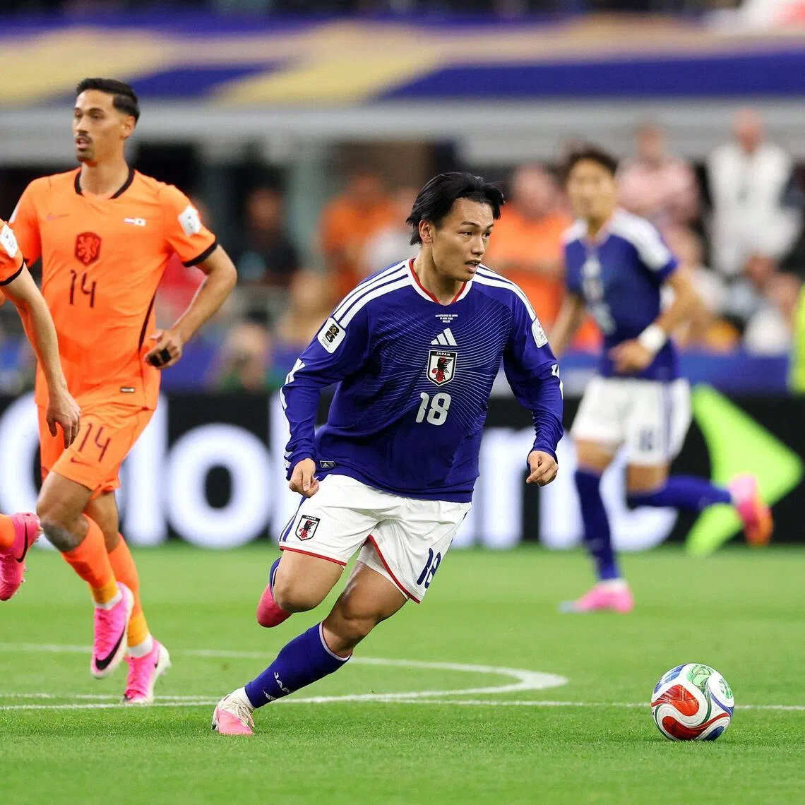 Ayase Ueda of Japan controls the ball during the FIFA World Cup 2026 Group F match between Netherlands and Japan at Dallas Stadium on June 14 in Arlington, Texas. 