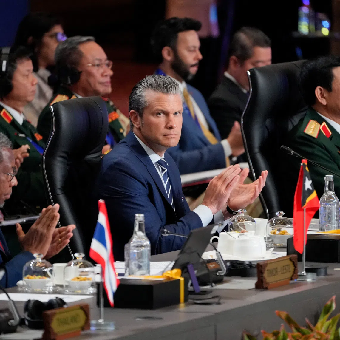 U.S. Secretary of Defense Pete Hegseth applauds during ASEAN Plus meeting at the Association of Southeast Asian Nations (ASEAN) Defense Ministers’ Meeting in Kuala Lumpur, Malaysia, Saturday, Nov. 1, 2025.     Vincent Thian/Pool via REUTERS