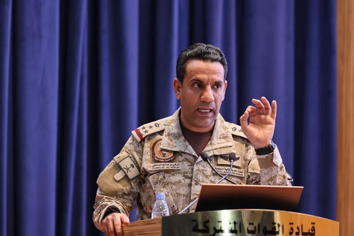 FILE PHOTO-Saudi-led coalition spokesperson, Colonel Turki al-Malki speaks during a news conference in Riyadh, Saudi Arabia, December 26, 2021. REUTERS/Ahmed Yosri/File Photo