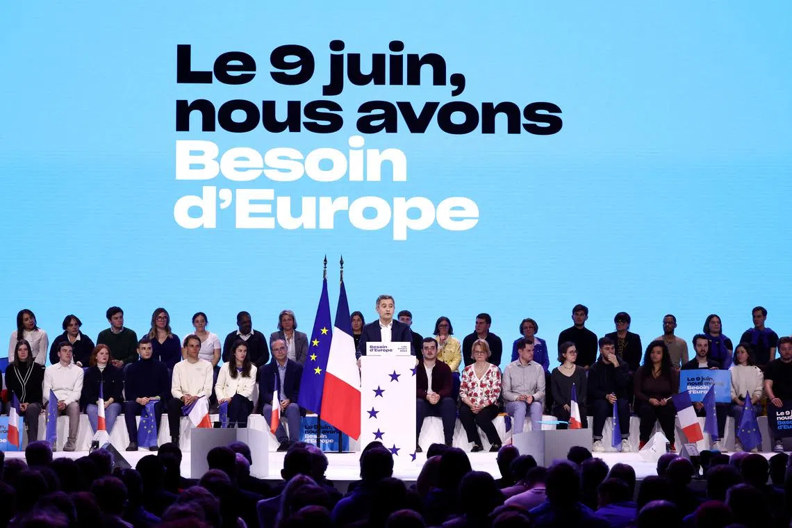 FILE PHOTO: French Interior Minister Gerald Darmanin speaks during a political rally named \"Besoin d'Europe\" to launch the campaign of the French presidential majority for the European elections in Lille, France, March 9, 2024. REUTERS/Stephanie Lecocq/File Photo