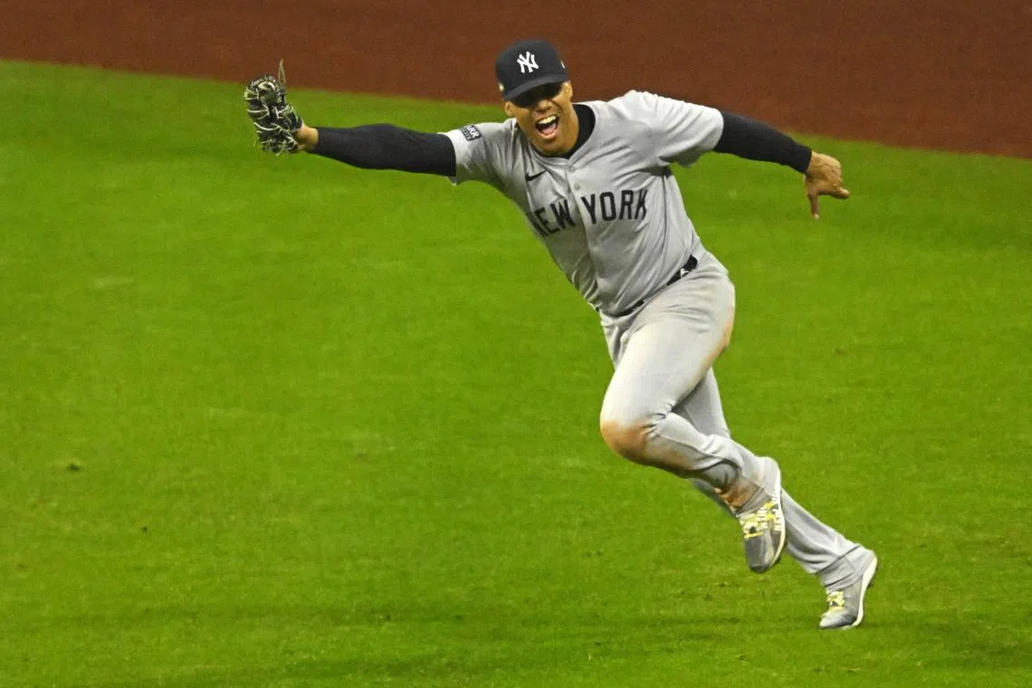 FILE PHOTO: Oct 19, 2024; Cleveland, Ohio, USA; New York Yankees outfielder Juan Soto (22) makes the final out during the tenth inning to beat the Cleveland Guardians during game five of the ALCS for the 2024 MLB playoffs at Progressive Field. Mandatory Credit: David Richard-Imagn Images/File Photo