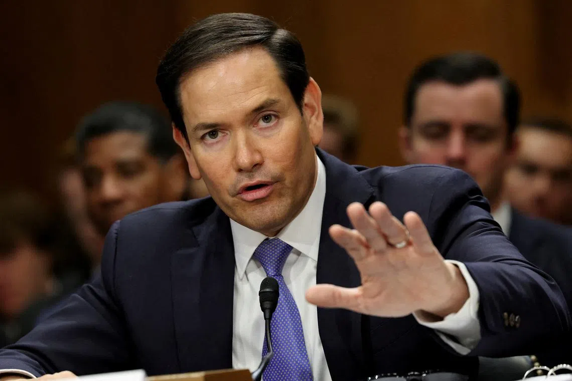 FILE PHOTO: U.S. Secretary of State Marco Rubio gestures as he testifies at a Senate Foreign Relations Committee hearing on U.S. President Donald Trump's State Department budget request for the Department of State, on Capitol Hill in Washington, D.C., U.S., May 20, 2025. REUTERS/Jonathan Ernst/File Photo