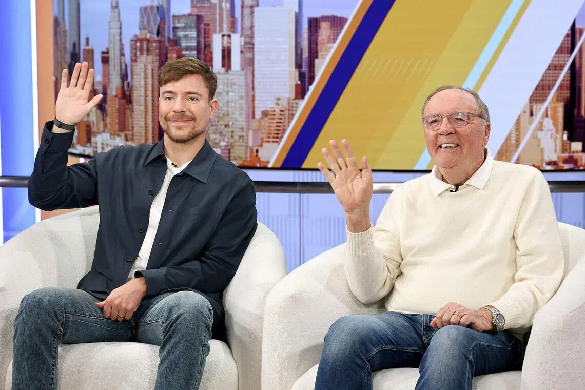 MrBeast (left) and James Patterson on Fox & Friends on Sept 3 to promote their new book, The Most Dangerous Games.