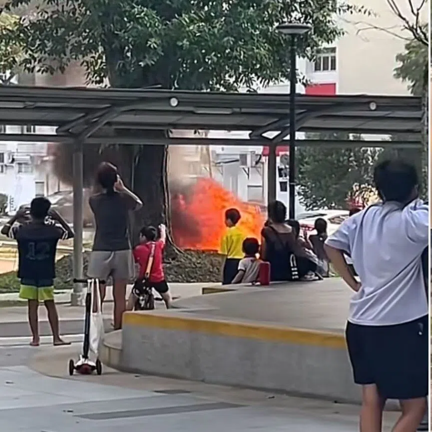 A large crowd, including children, can be seen gathered near the car fire.