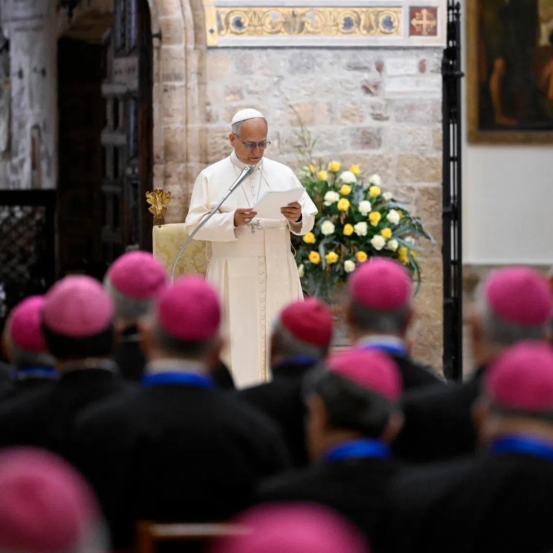 Pope Leo XIV meeting the bishops of the Italian Episcopal Conference at the Papal Basilica of Saint Mary of the Angels in Assisi on Nov 20.
