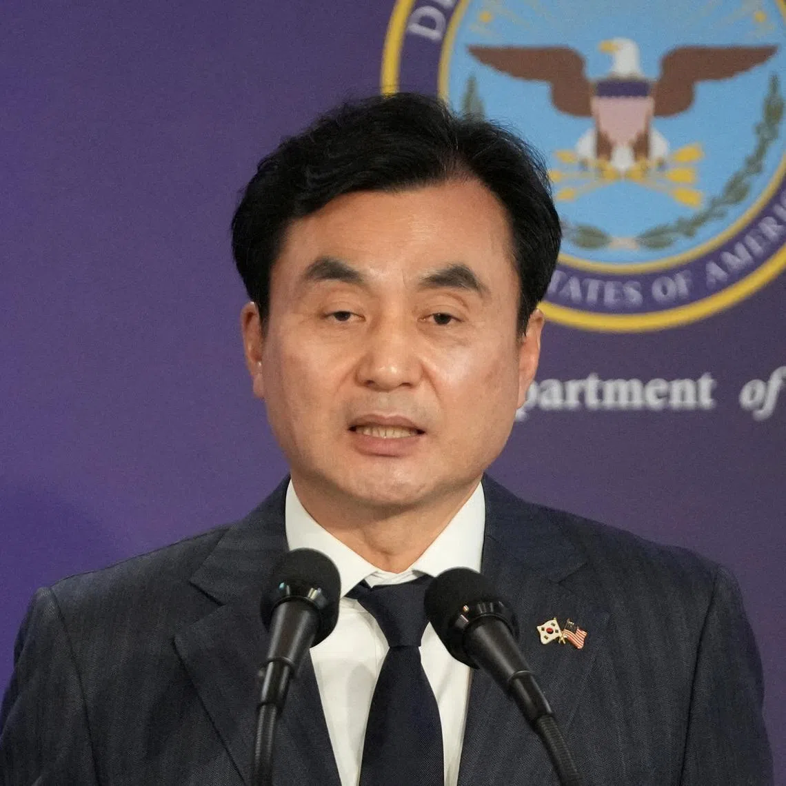 FILE PHOTO: South Korean Defense Minister Ahn Gyu-back speaks during the joint press conference with U.S. Defense Secretary Pete Hegseth, following the 57th Security Consultative Meeting at the Defense Ministry in Seoul, South Korea, Tuesday, Nov. 4, 2025.     Lee Jin-man/Pool via REUTERS/File Photo