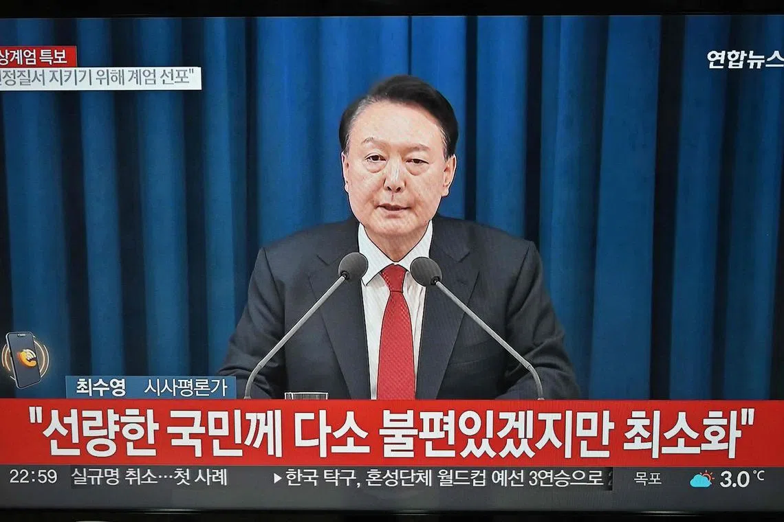 South Korean President Yoon Suk Yeol delivering a speech on TV on emergency martial law, in Goyang, north-west of Seoul, on Dec 3.