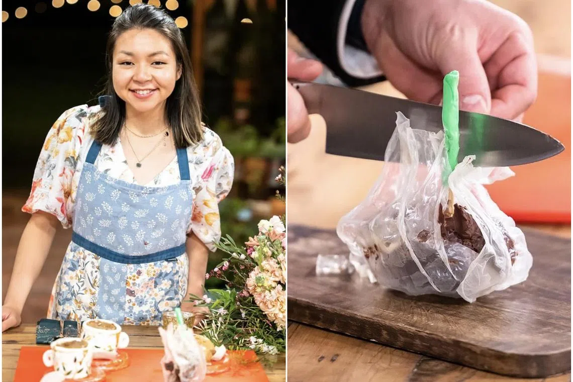 Ms Laura Foo's takeaway bag of kopi was made with rice paper to resemble plastic and has hazelnut liqueur jelly “ice cubes”. 