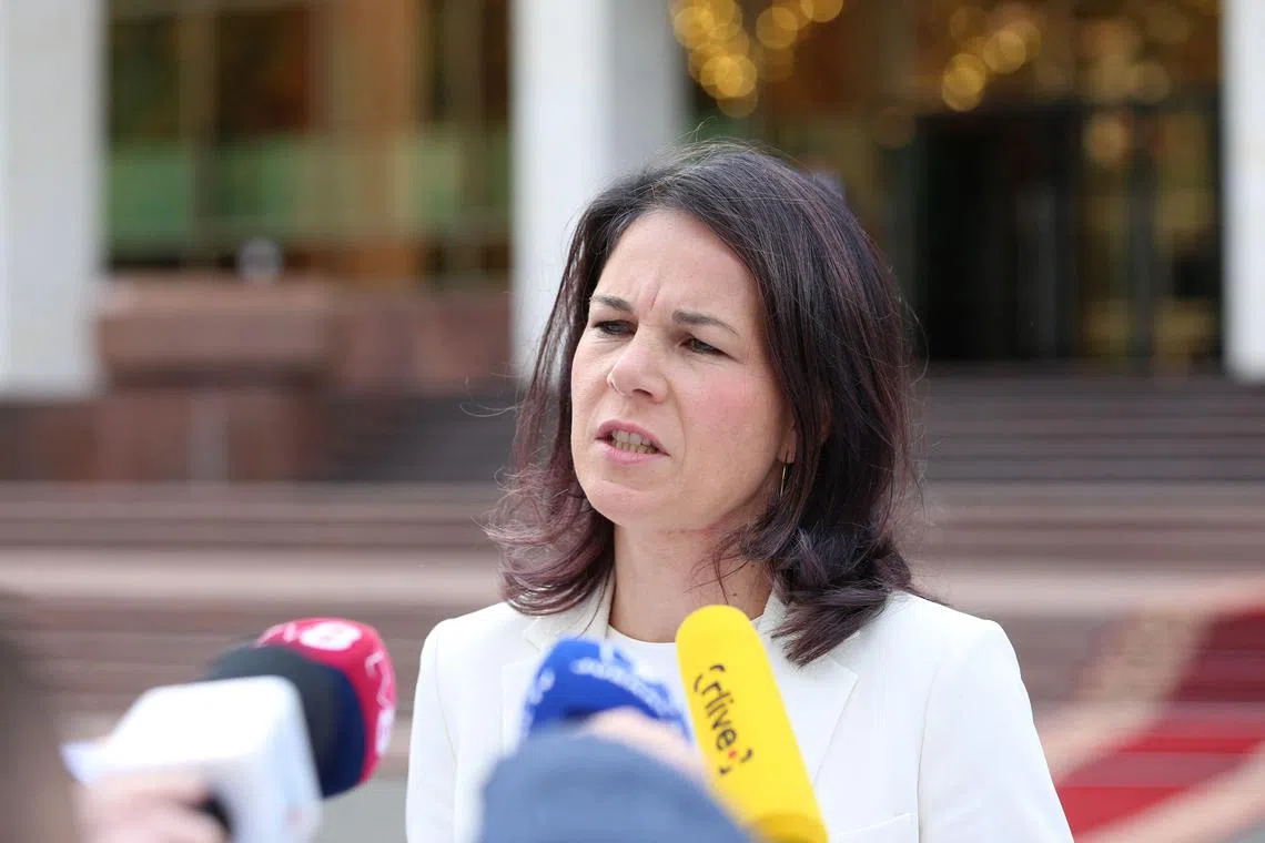 German Foreign Minister Annalena Baerbock talking to the media in Moldova's capital, Chisinau, on Sept 17.