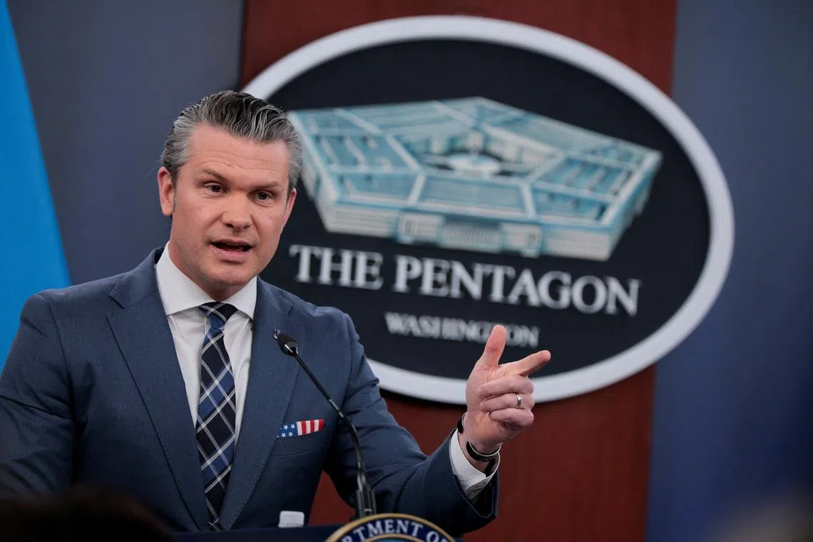 U.S. Secretary of Defense Pete Hegseth holds a briefing with Chairman of the Joint Chiefs of Staff General Dan Caine, amid the U.S.-Israeli war on Iran, at the Pentagon in Washington, D.C., U.S., March 19, 2026. REUTERS/Evan Vucci