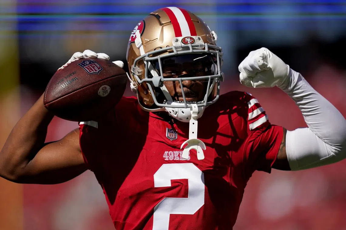 FILE PHOTO: Oct 20, 2024; Santa Clara, California, USA; San Francisco 49ers cornerback Deommodore Lenoir (2) flexes before the start of the game against the Kansas City Chiefs at Levi's Stadium. Mandatory Credit: Cary Edmondson-Imagn Images/File Photo