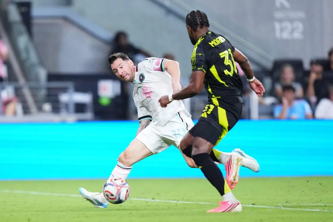 Lionel Messi (left) of Inter Miami CF and Columbus Crew’s Steven Moreira competing for the ball during an MLS match on Aug 1.