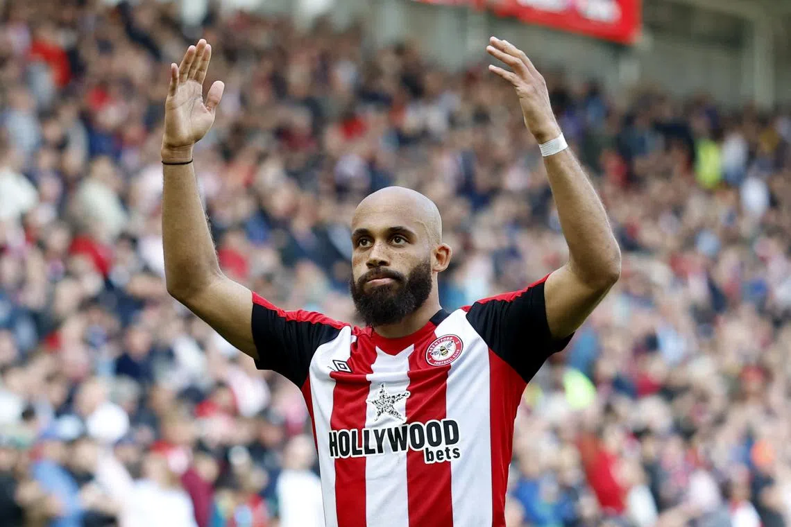 FILE PHOTO: Soccer Football - Premier League - Brentford v Brighton & Hove Albion - GTech Community Stadium, London, Britain - April 19, 2025 Brentford's Bryan Mbeumo celebrates scoring their second goal Action Images via Reuters/Peter Cziborra/File Photo