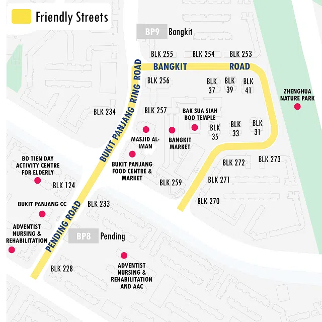 The Bukit Panjang Friendly Streets stretch along Pending Road, Bukit Panjang Ring Road, and Bangkit Road.