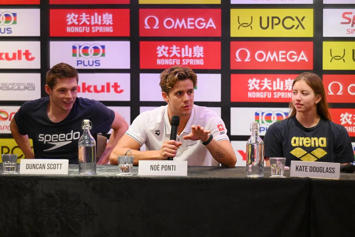 Noe Ponti (second from left) broke the men's 50m butterfly world record at the Shanghai leg of the World Aquatics Swimming World Cup 2024.