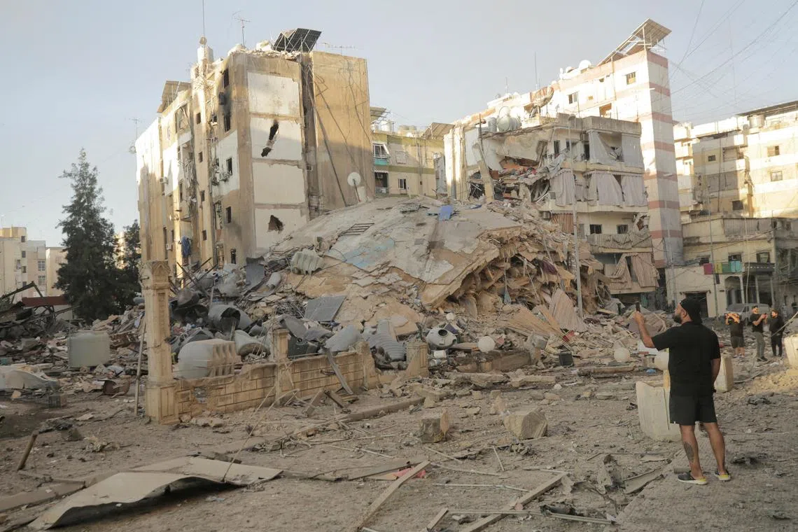 The aftermath of Israeli strikes on the Mreijeh neighbourhood in Beirut's southern suburbs, Lebanon, on Oct 4. 