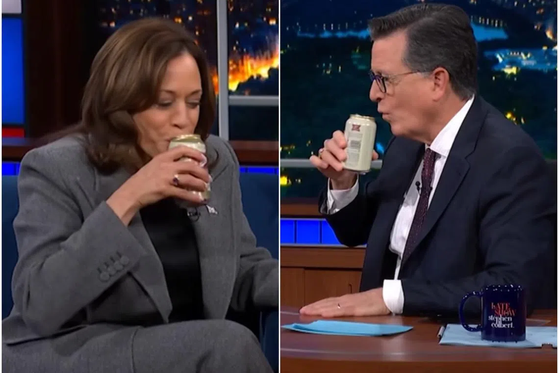 The Democrat cracked open a can of Miller High Life at the prompting of host Stephen Colbert.