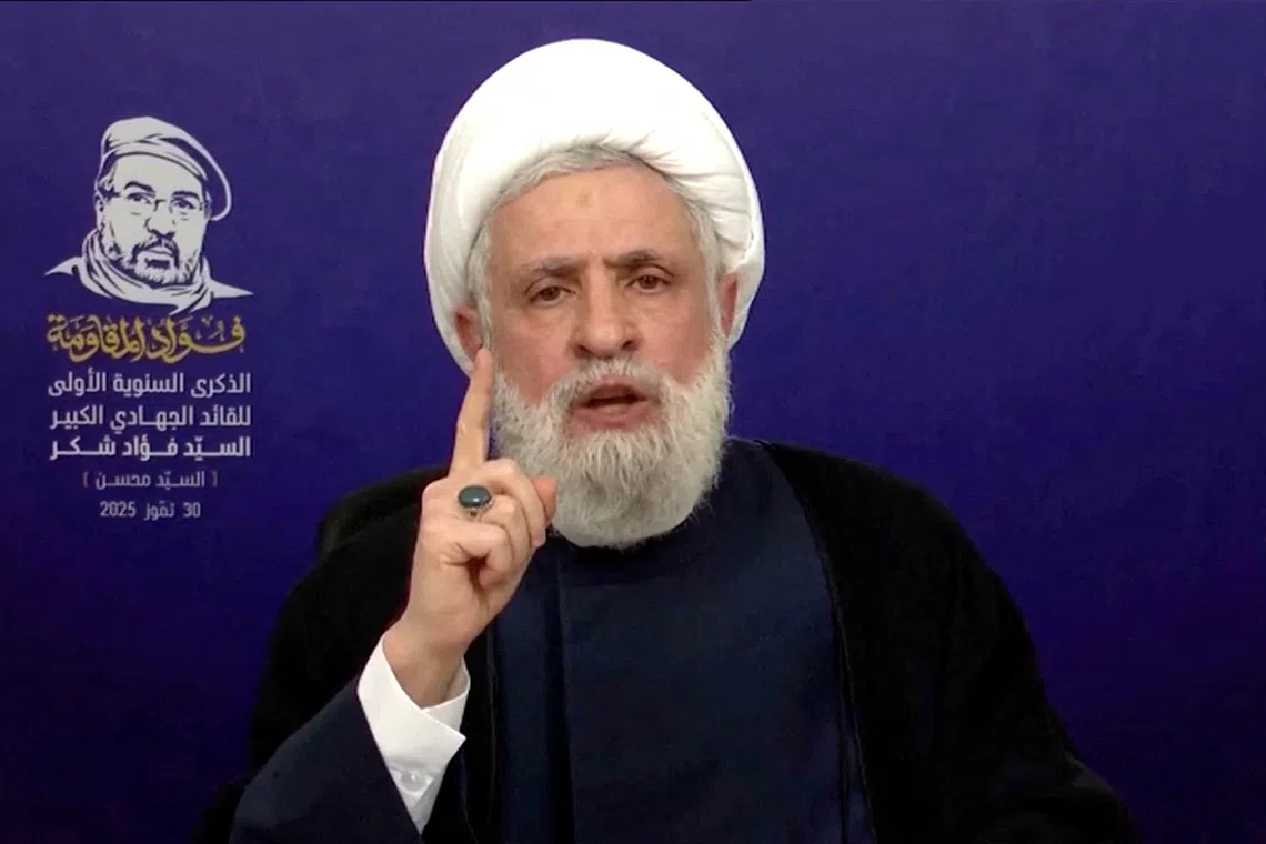 FILE PHOTO: Lebanon’s Hezbollah Chief Naim Qassem gives a televised speech from an unknown location, July 30, 2025 in this screen grab from video. Al Manar TV/REUTERS TV/via REUTERS/ File Photo