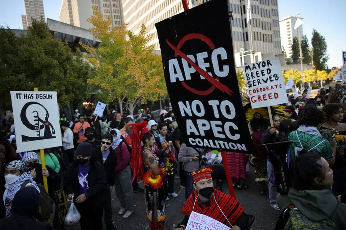 People attend a protest against the upcoming APEC (Asia-Pacific Economic Cooperation) Summit in San Francisco, California, U.S. November 12, 2023. REUTERS/Carlos Barria