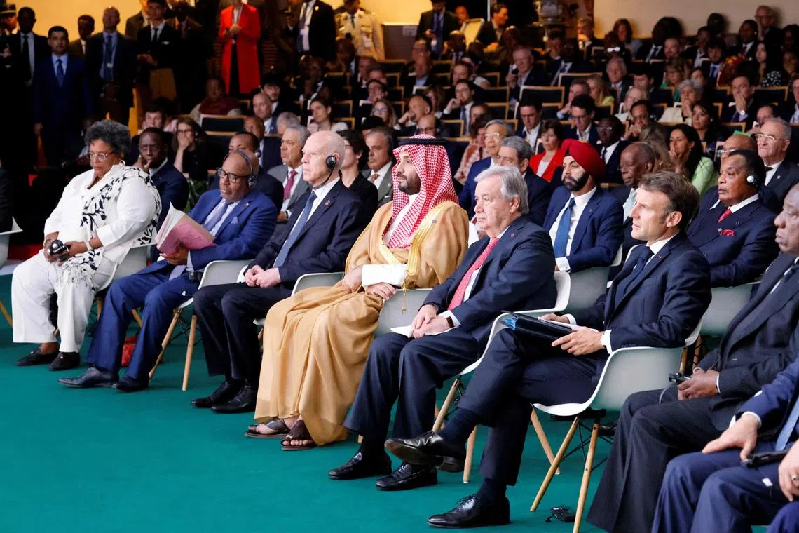 (From right) French President Emmanuel Macron, UN Secretary-General Antonio Guterres and Saudi Crown Prince Mohammed bin Salman at the Summit for a New Global Financial Pact in Paris on June 22.