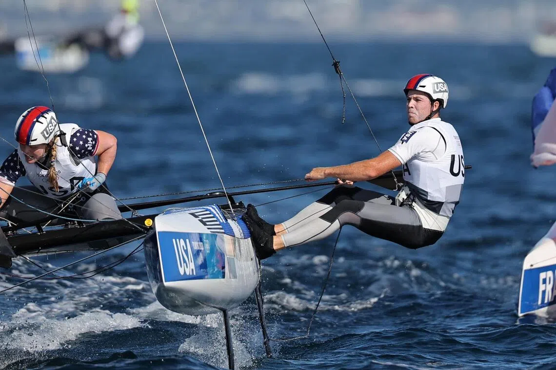 Riley Gibbs and Anna Weis of the United States in the Mixed Nacra 17 sailing event at the Tokyo Olympics in 2021. He is among the first six sailors picked for the 2027 America’s Cup campaign.
