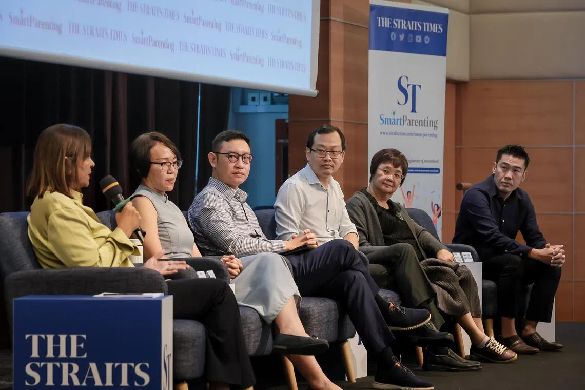 (From left) Moderator Sandra Davie and principals Tan Po Chin (Anderson Secondary), Loh Chih Hui (Bowen Secondary), Goh Soon Hoe (Kranji Secondary), Rebecca Chew (Holy Innocents’ High School) and Lee Han Hwa (Saint Andrew’s Secondary) at The ST Smart Parenting Post-PSLE Forum on Oct 21.