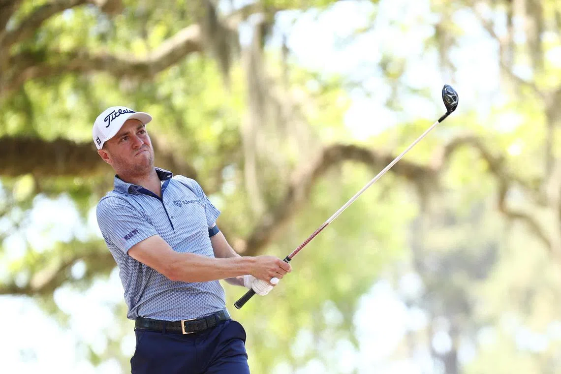 Justin Thomas of the United States plays his shot on the 15th hole during the first round of the RBC Heritage.