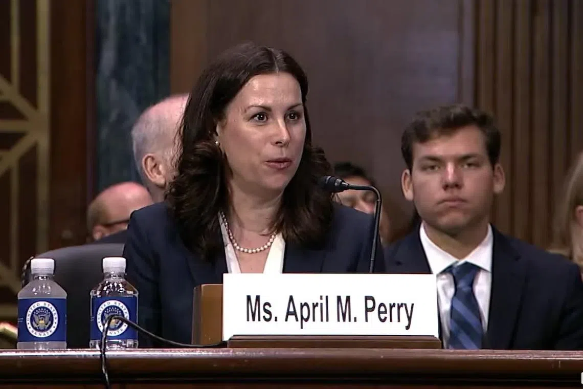 FILE PHOTO: April Perry, a nominee to serve as a federal judge in the Northern District of Illinois, appears before the U.S. Senate Judiciary Committee in Washington, July 31, 2024.  via U.S. Senate/File Photo