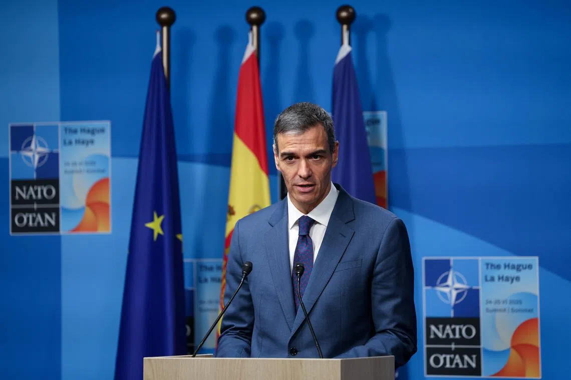 Spanish Prime Minister Pedro Sanchez attends a press conference at a NATO summit in The Hague, Netherlands June 25, 2025. REUTERS/Claudia Greco