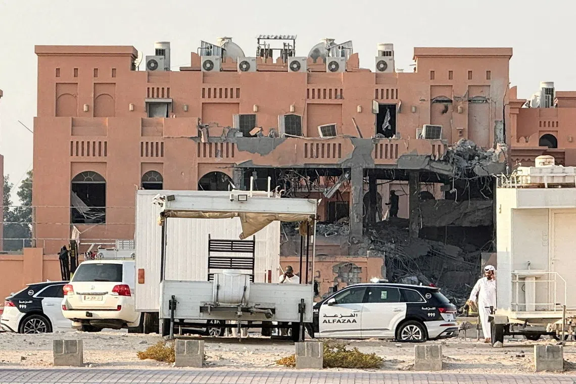 FILE PHOTO: A damaged building, following an Israeli attack on Hamas leaders, according to an Israeli official, in Doha, Qatar, September 9, 2025. REUTERS/Ibraheem Abu Mustafa/File Photo
