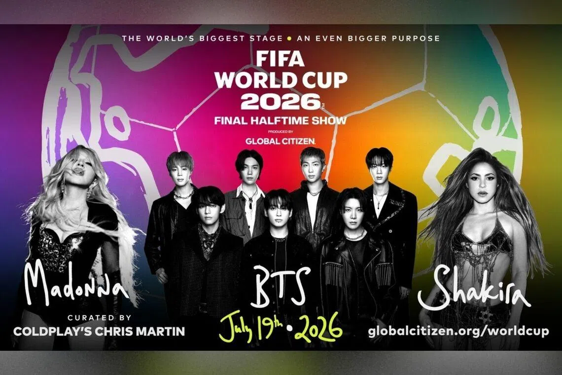 A promotional poster for the 2026 FIFA World Cup final halftime show featuring BTS, Madonna and Shakira.