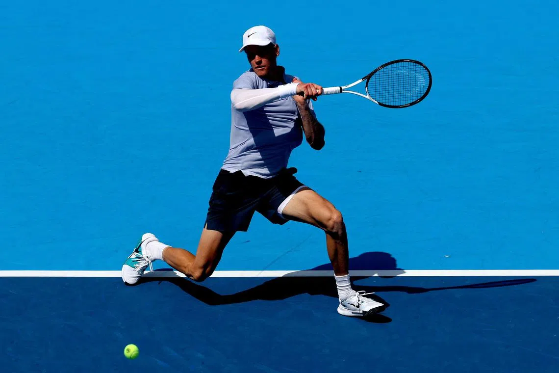 Jannik Sinner returns a shot to Daniel Elahi Galan of Colombia during the Cincinnati Open.