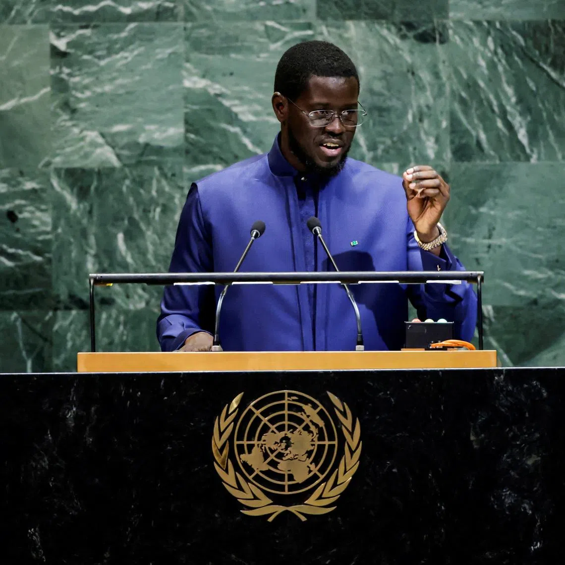 FILE PHOTO: Senegal's President Bassirou Diomaye Faye addresses the 80th United Nations General Assembly at U.N. headquarters in New York, U.S., September 24, 2025. REUTERS/Eduardo Munoz/File Photo
