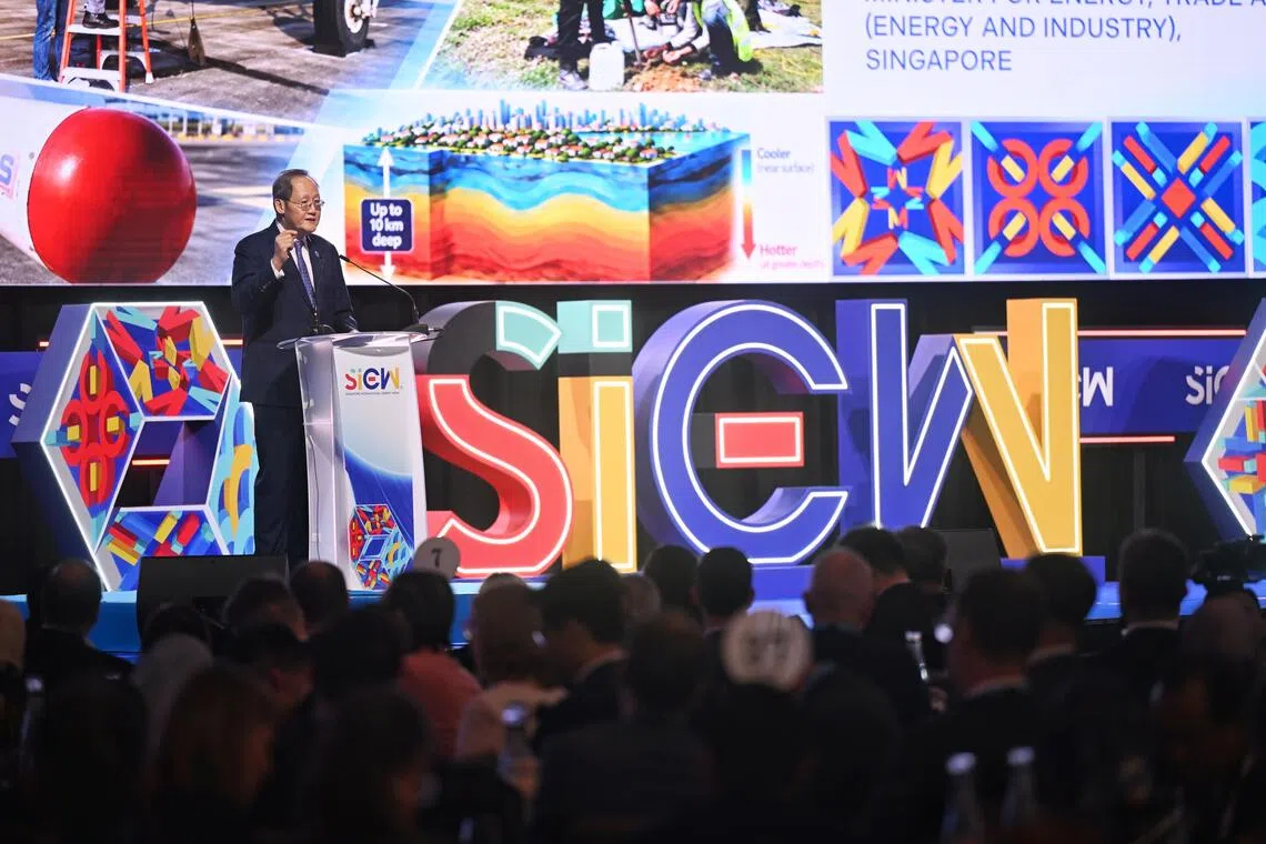 Tan See Leng, Minister for Energy, Trade, and Industry (Energy and Industry), giving a speech at the Singapore International Energy Week 2026 on Oct 26, 2026. ST PHOTO: AZMI ATHNI