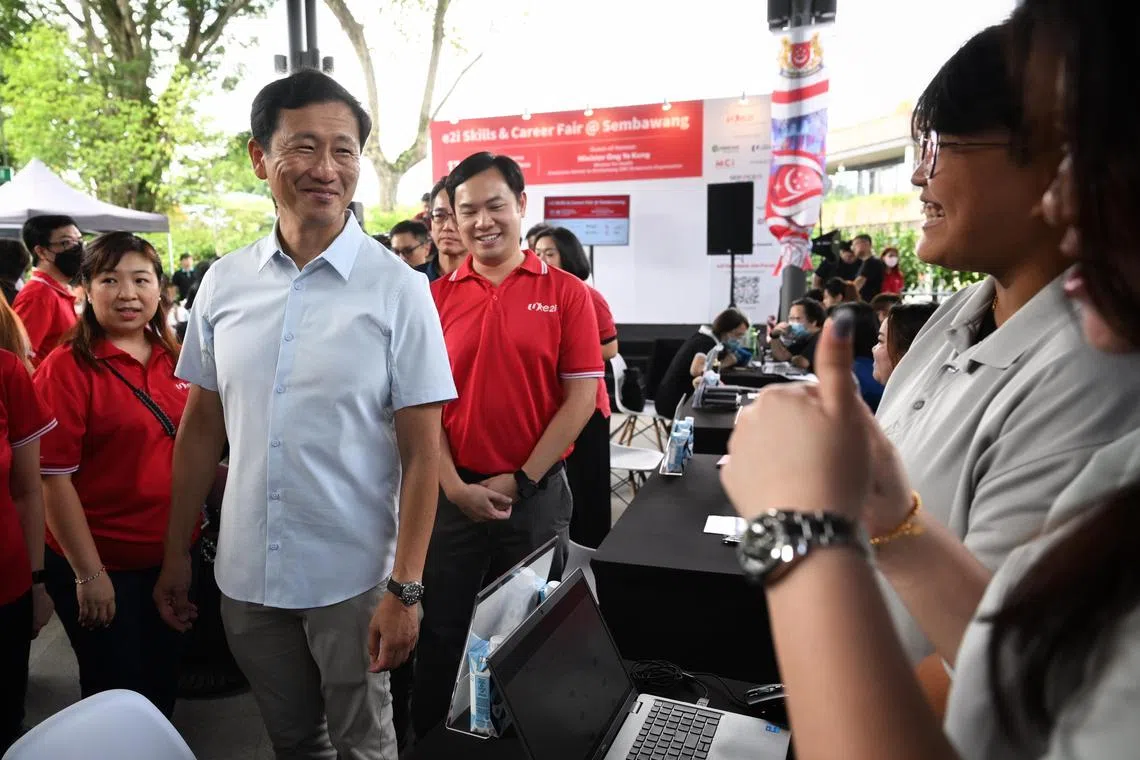 Health Minister Ong Ye Kung mingling with vendors at the e2i Career & Skills Fair @ Sembawang on August 17, 2024. He said in a Facebook post on March 12 that the new Sembawang West SMC will remain an integral part of the Sembawang family. 