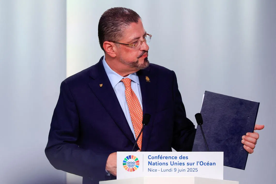 Costa Rica's President Rodrigo Chaves Robles delivers a speech during a plenary session at the third United Nations Ocean Conference (UNOC3), which gathers leaders, researchers and activists to discuss how to protect marine life, at the Centre des Expositions conference centre in Nice, France, June 9, 2025. REUTERS/Manon Cruz/File Photo