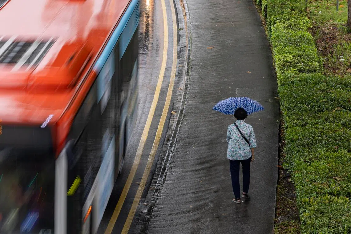 ST20250911_202559600515/pixgenerics/Brian Teo/Generic of passers-by walking in the rain at Buona Vista on Sept 11, 2025. Can be used for stories on rain, wet weather, climate change, monsoon. ST PHOTO: BRIAN TEO
