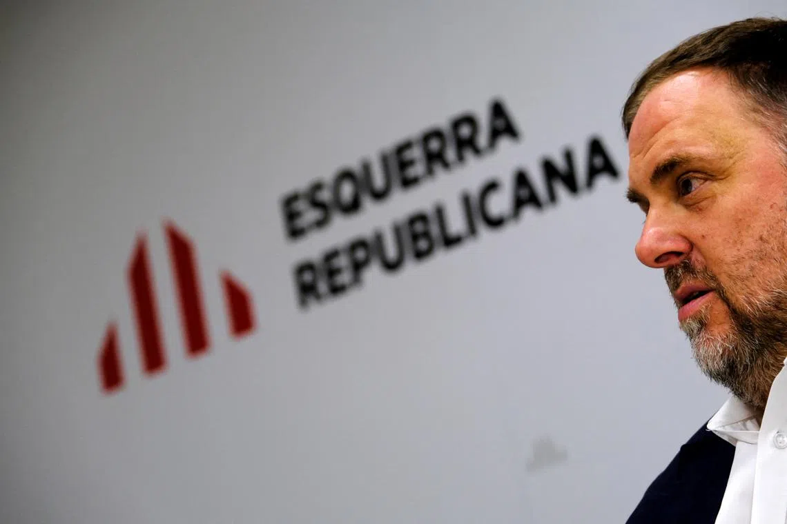 FILE PHOTO: President of Republican Left Party (ERC) of Catalonia, Oriol Junqueras talks during an interview with Reuters at headquarters of ERC in Barcelona, Spain, October 25, 2022. REUTERS/Nacho Doce/File Photo