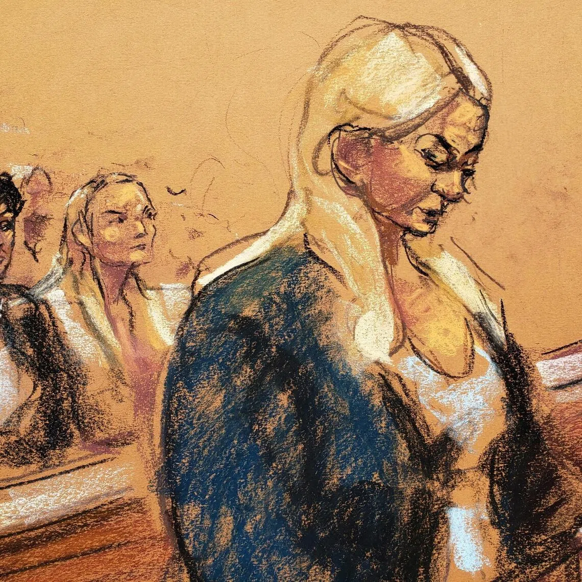 Ms Virginia Giuffre speaks as victims make impact statements during a hearing in the criminal case against Jeffrey Epstein, in a courtroom sketch at Federal Court in New York on Aug 27. 
