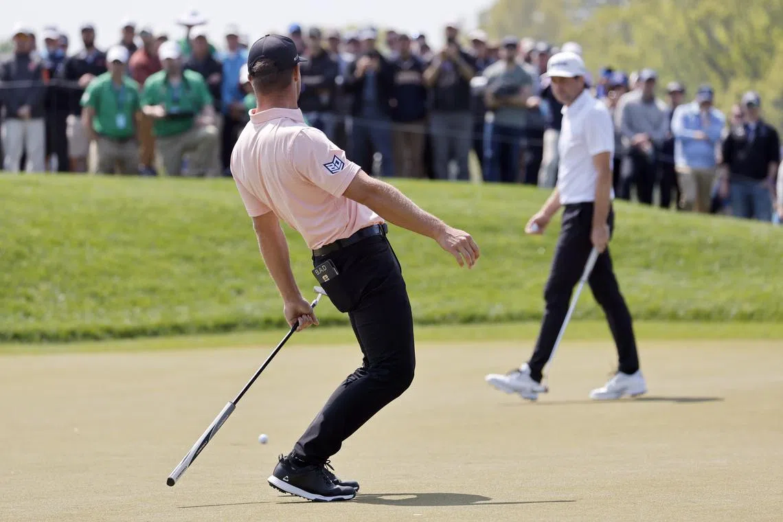 Bryson DeChambeau reacts on the third green during the first round of the 2023 PGA Championship golf tournament.
