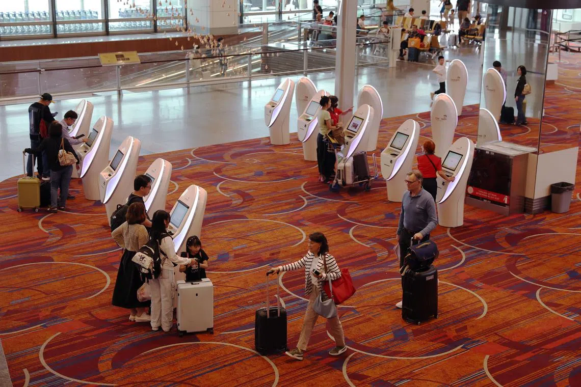 ST20241113_202481200313/pixgenerics/Brian Teo/Generic of self check-in counters at Changi Airport Terminal 1 on Nov 13, 2024. Can be used for stories on Changi Airport, automation, self check-in counters, airport, aviation. ST PHOTO: BRIAN TEO