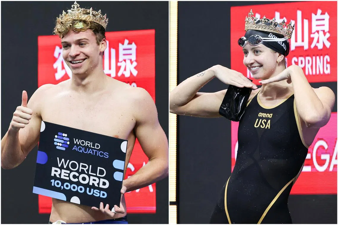 Swimmers Leon Marchand and Kate Douglass celebrate their triple crowns at the World Aquatics Swimming World Cup on Nov 1.