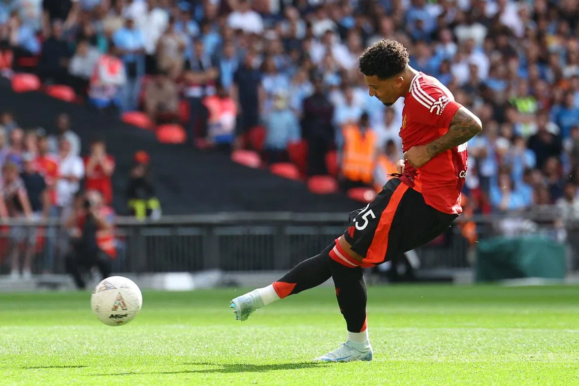 Soccer Football - Community Shield - Manchester United v Manchester City - Wembley Stadium, London, Britain - August 10, 2024 Manchester United's Jadon Sancho has his shot saved by Manchester City's Ederson during the penalty shoot-out REUTERS/Toby Melville/File Photo