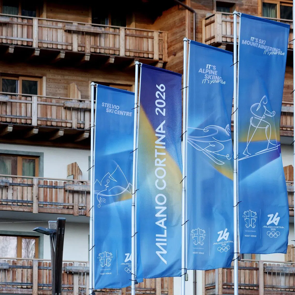 Milano Cortina 2026 Winter Olympics - Previews - Bormio, Italy - January 21, 2026 General view of banners depicting the logo for Milano Cortina Winter Olympic Games 2026. REUTERS/Claudia Greco